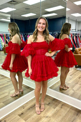 Misshow Red Corset Strapless A-Line Short Tulle Homecoming Dress/Mini Dress with Detachable Sleeves